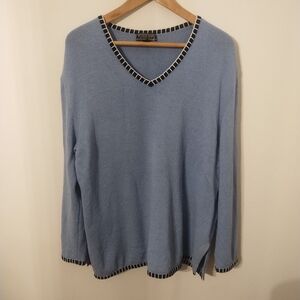 St John ByMarie Gray Blue V-Neck Sweater with Black and White Trim Large Wool
